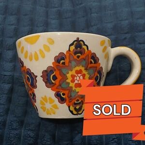 All'asta coffee cup, handmade mandala design. White,yellow,blue,orange,green